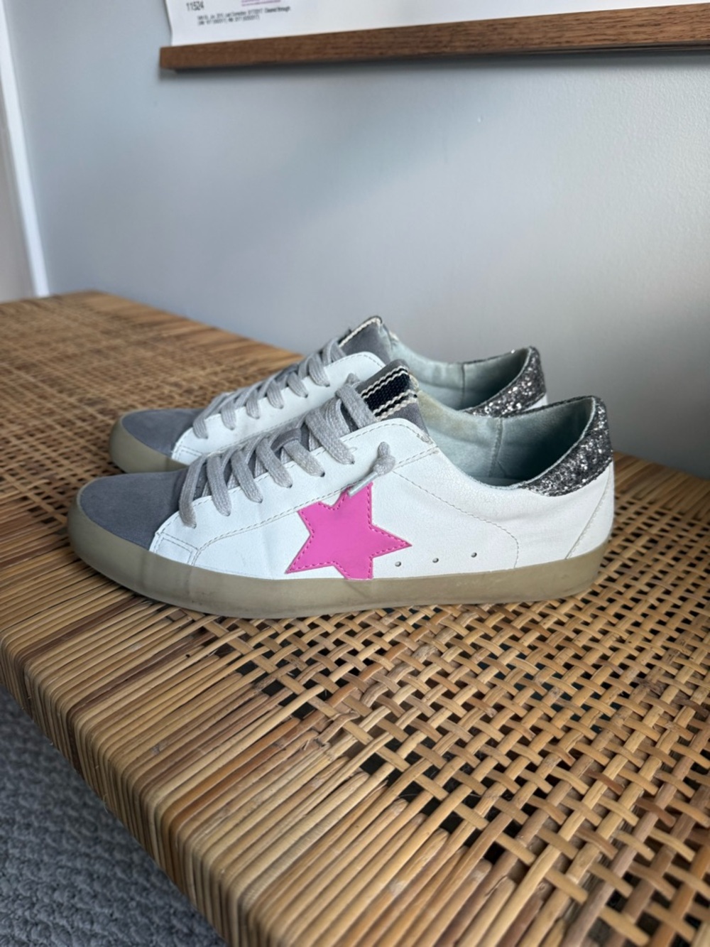 ShuShop White and Gray Sneakers with Pink Star and Glitter Heel